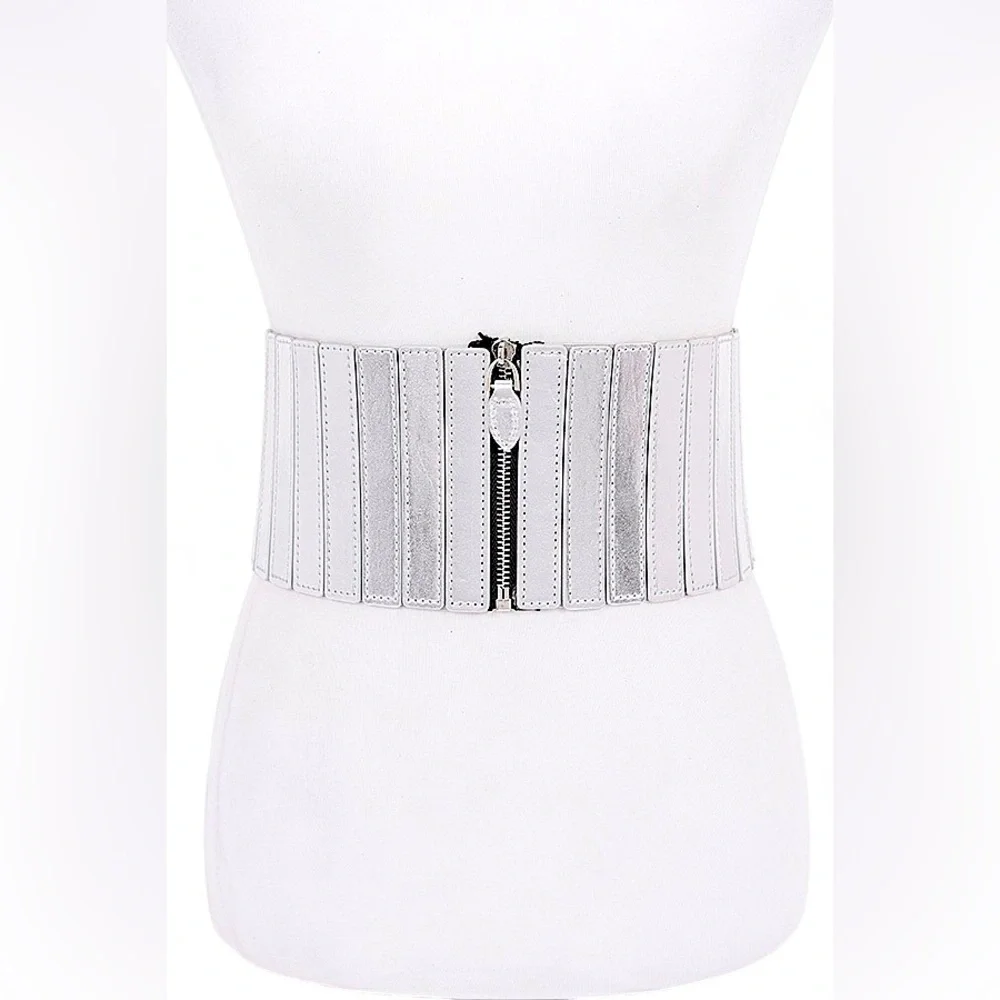 Metallic Vegan Leather Zip Up Corset Statement Belt (Gold, Silver, Black)